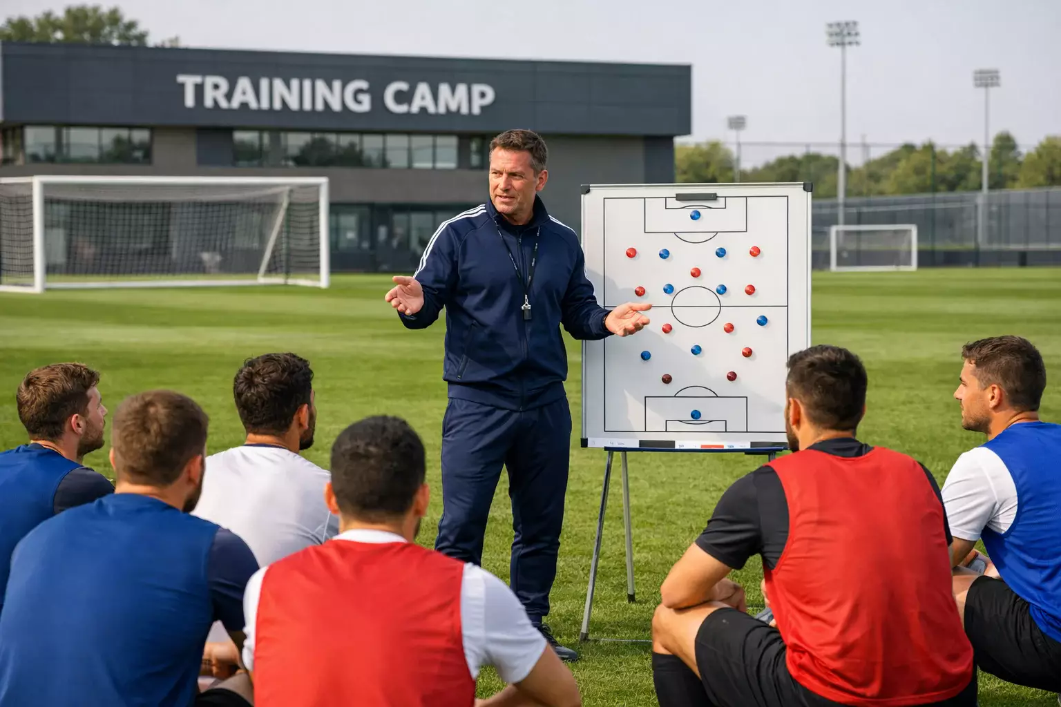 Football manager giving tactical instructions to players during a training session