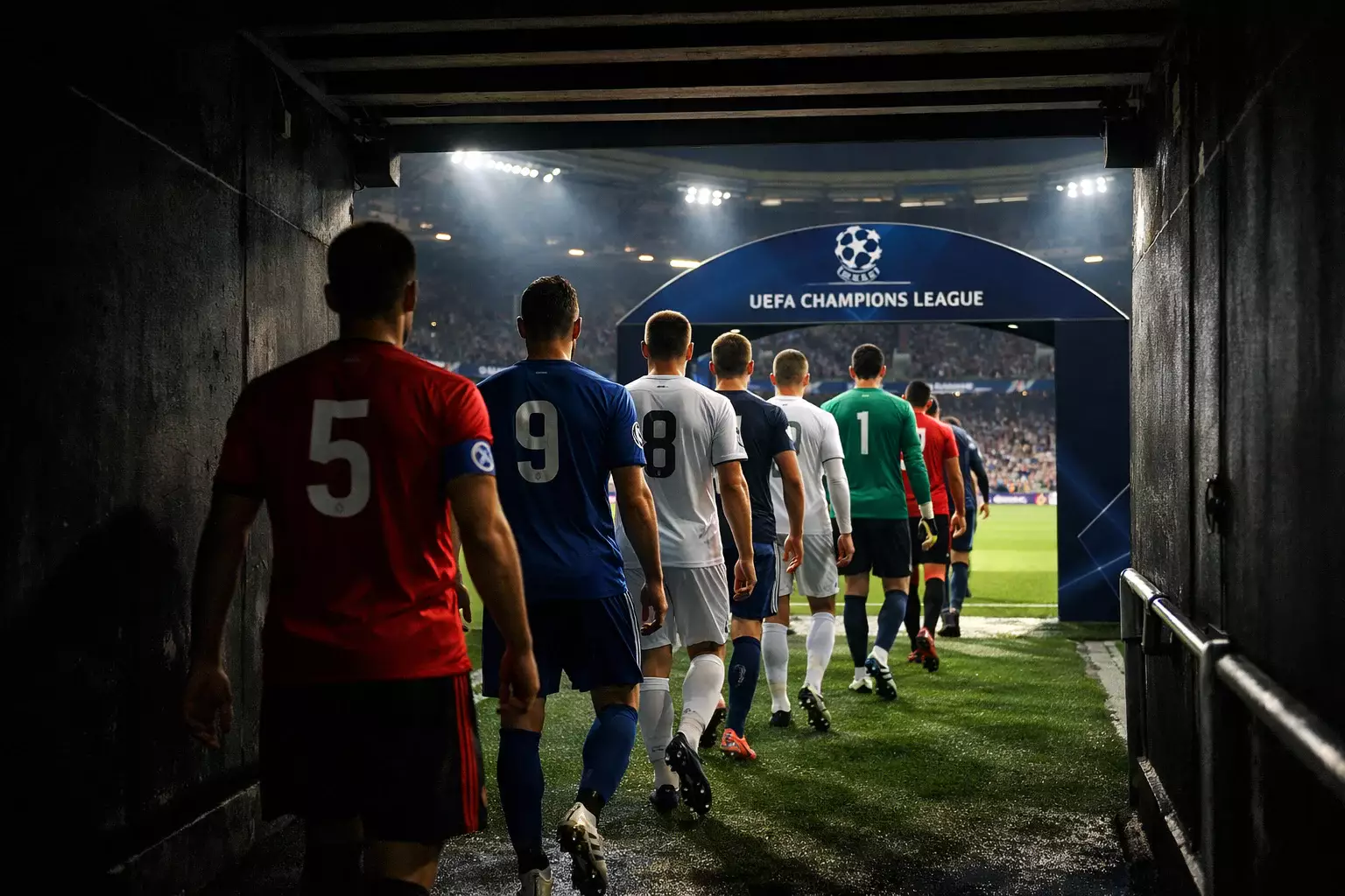 Football players walking out of the tunnel onto the pitch before a Champions League match
