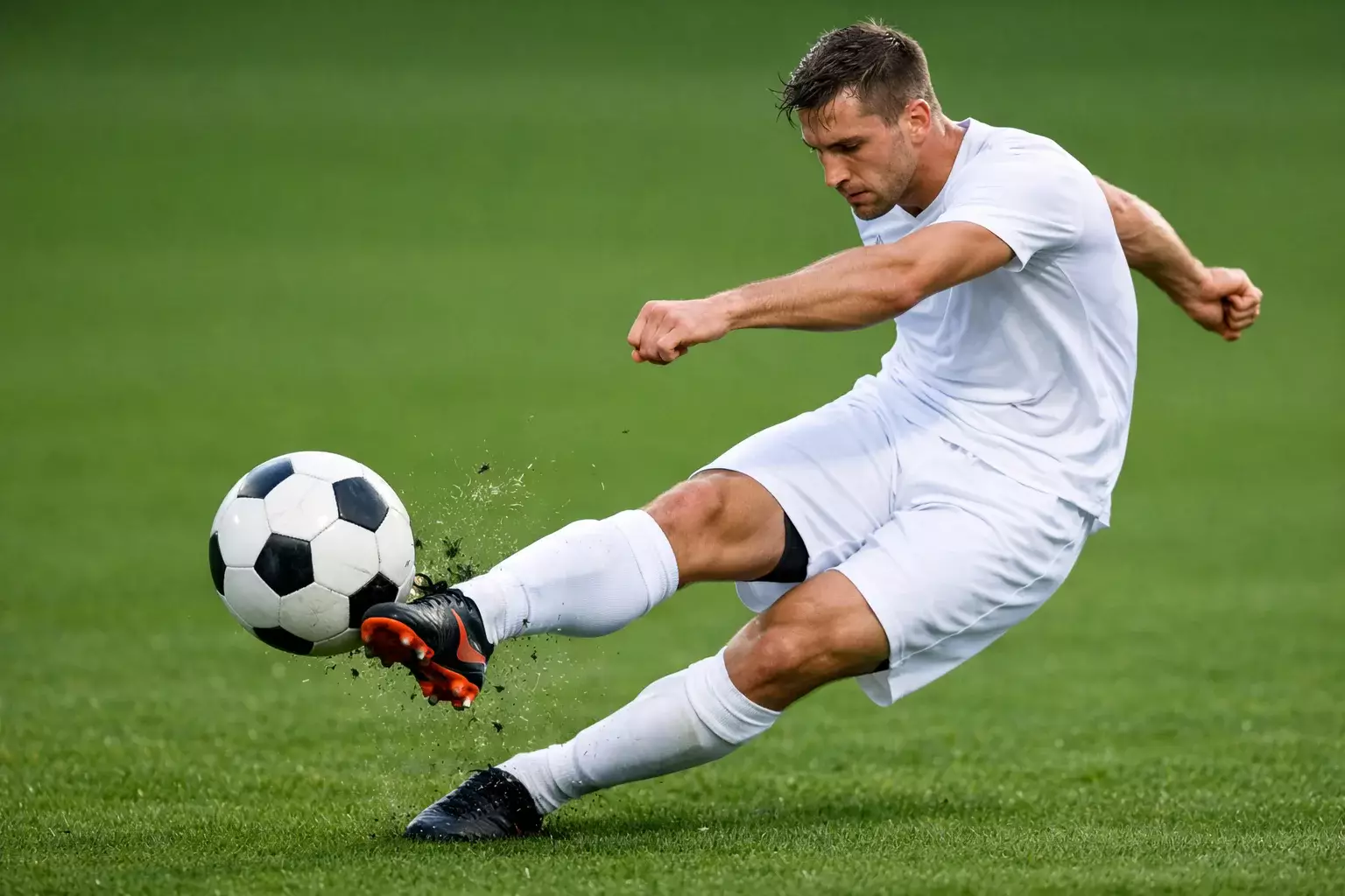 Football player striking the ball with confidence during a match, showing form and technique