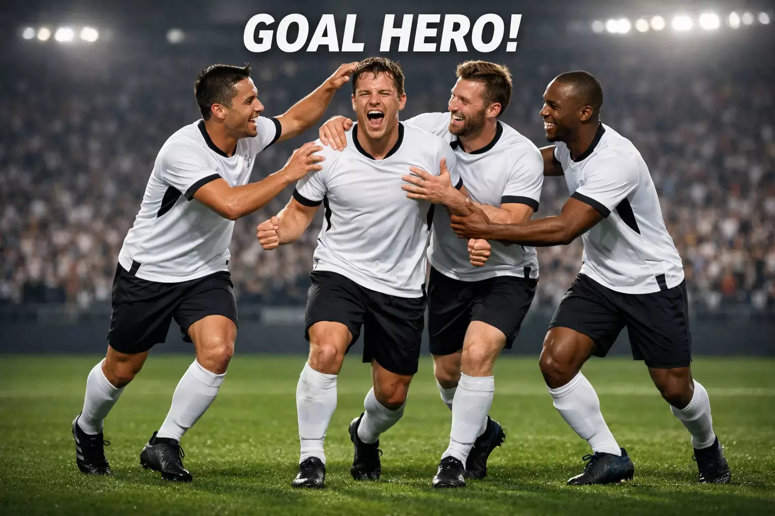 Football team celebrating a goal together, showing positive momentum and team spirit