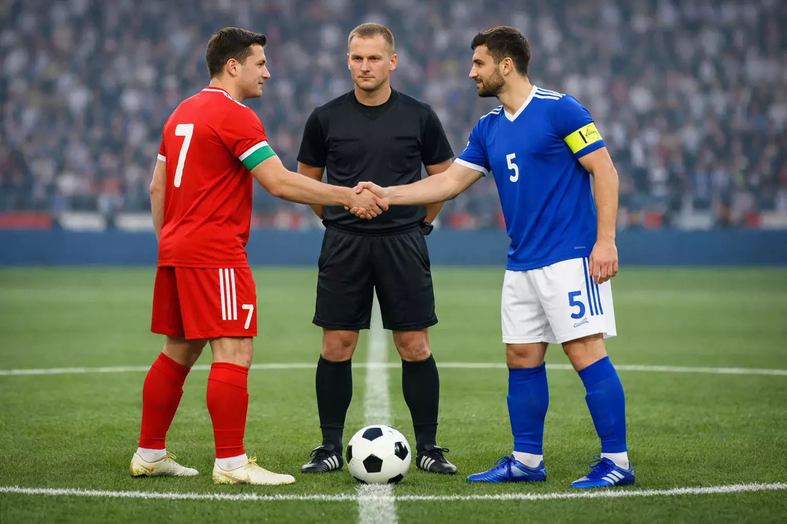 Two football captains shaking hands before kickoff with the referee watching, pre-match ritual