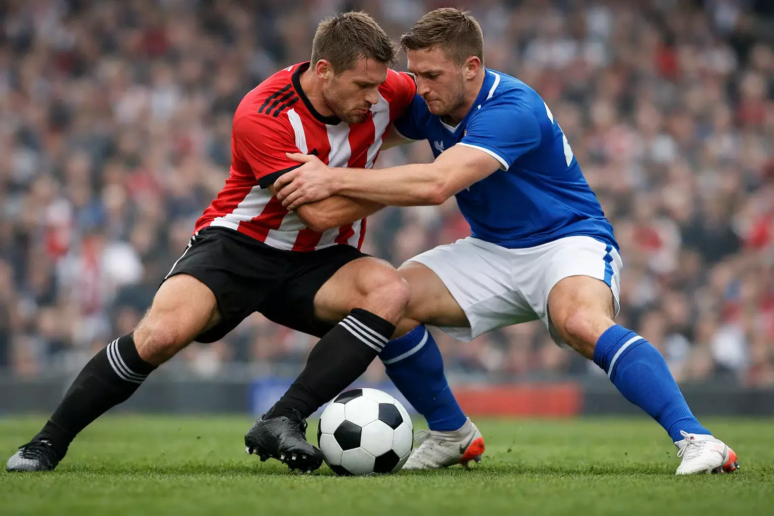 Intense moment during a football derby match, players from both teams competing aggressively for the ball