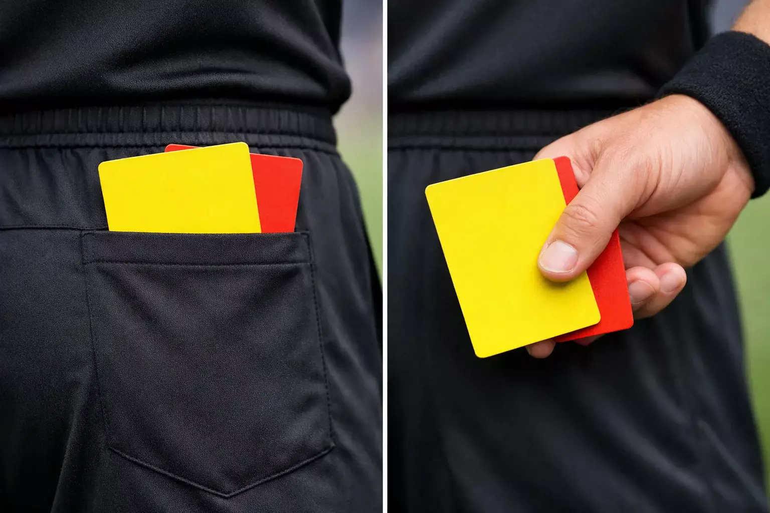 Close-up of a referee's hand holding yellow and red cards in their pocket during a match