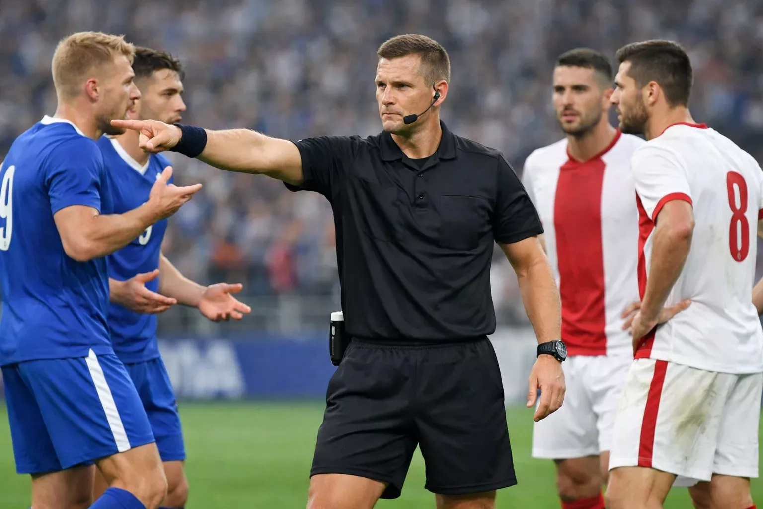 Football referee pointing to award a free kick, players from both teams nearby during a match