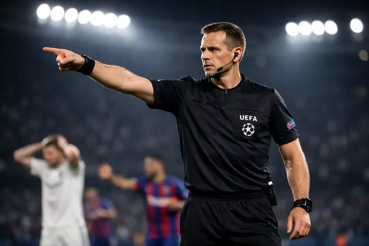 Football referee in black kit making a decisive call during a Champions League match under stadium lights