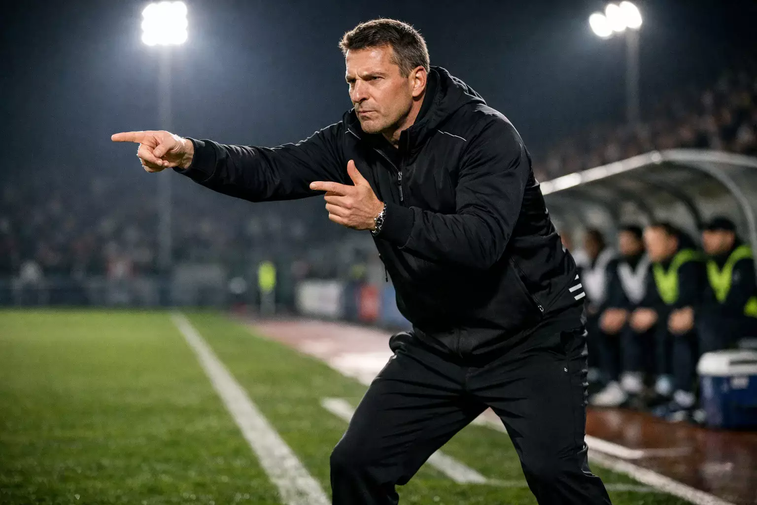 Football manager on the sideline giving tactical instructions with hand gestures during a match