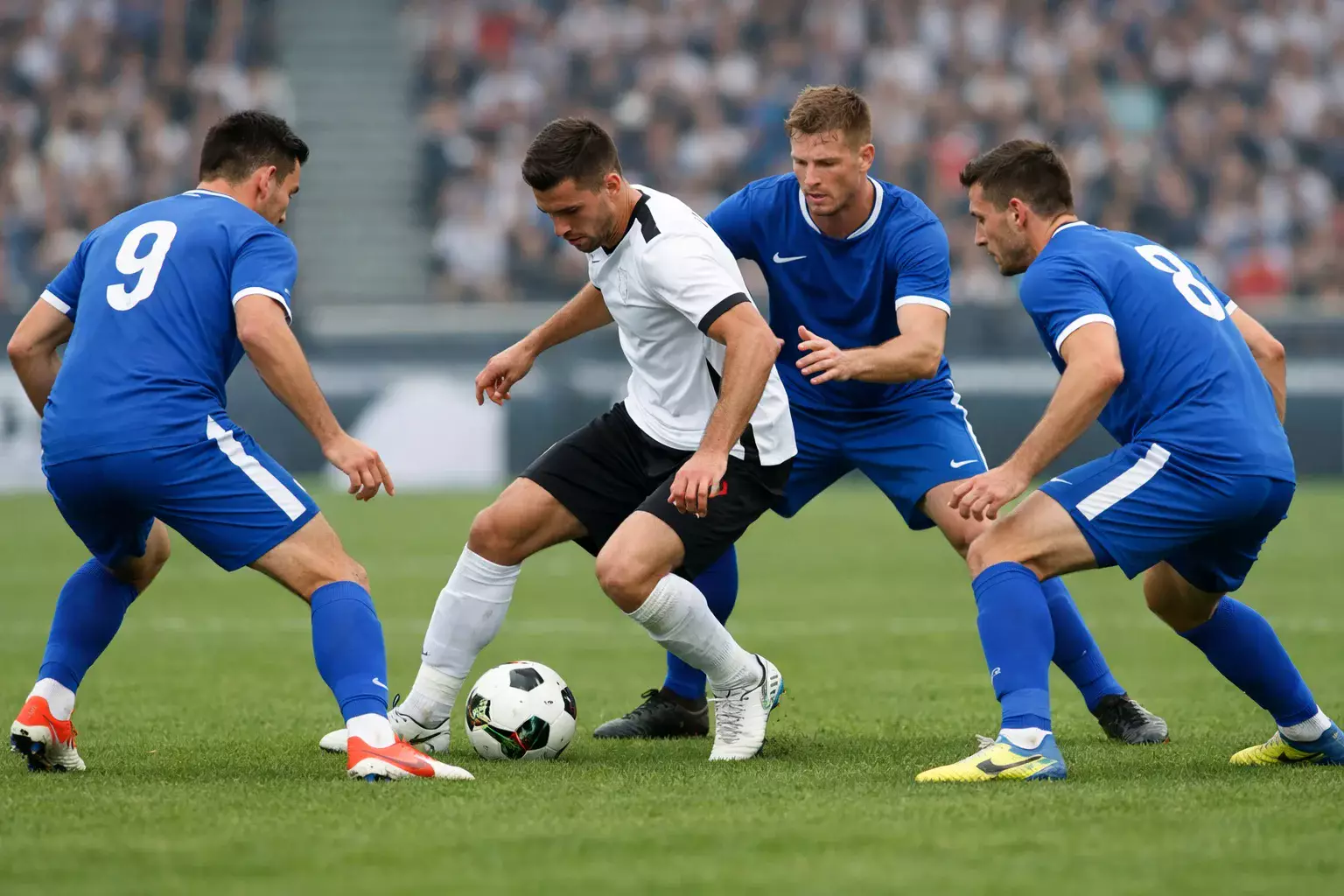 Football players pressing high up the pitch, multiple players closing down an opponent with the ball