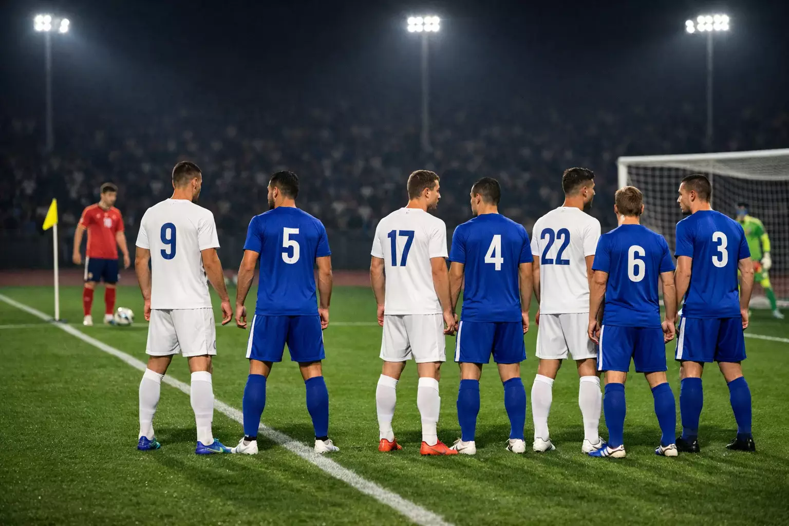 Football team lined up for a corner kick, players positioning themselves in the penalty area