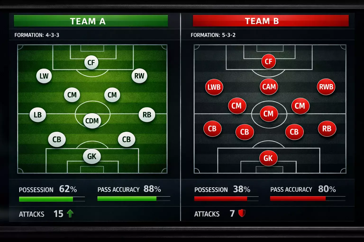 Split screen showing two different football teams' tactical formations and statistics side by side