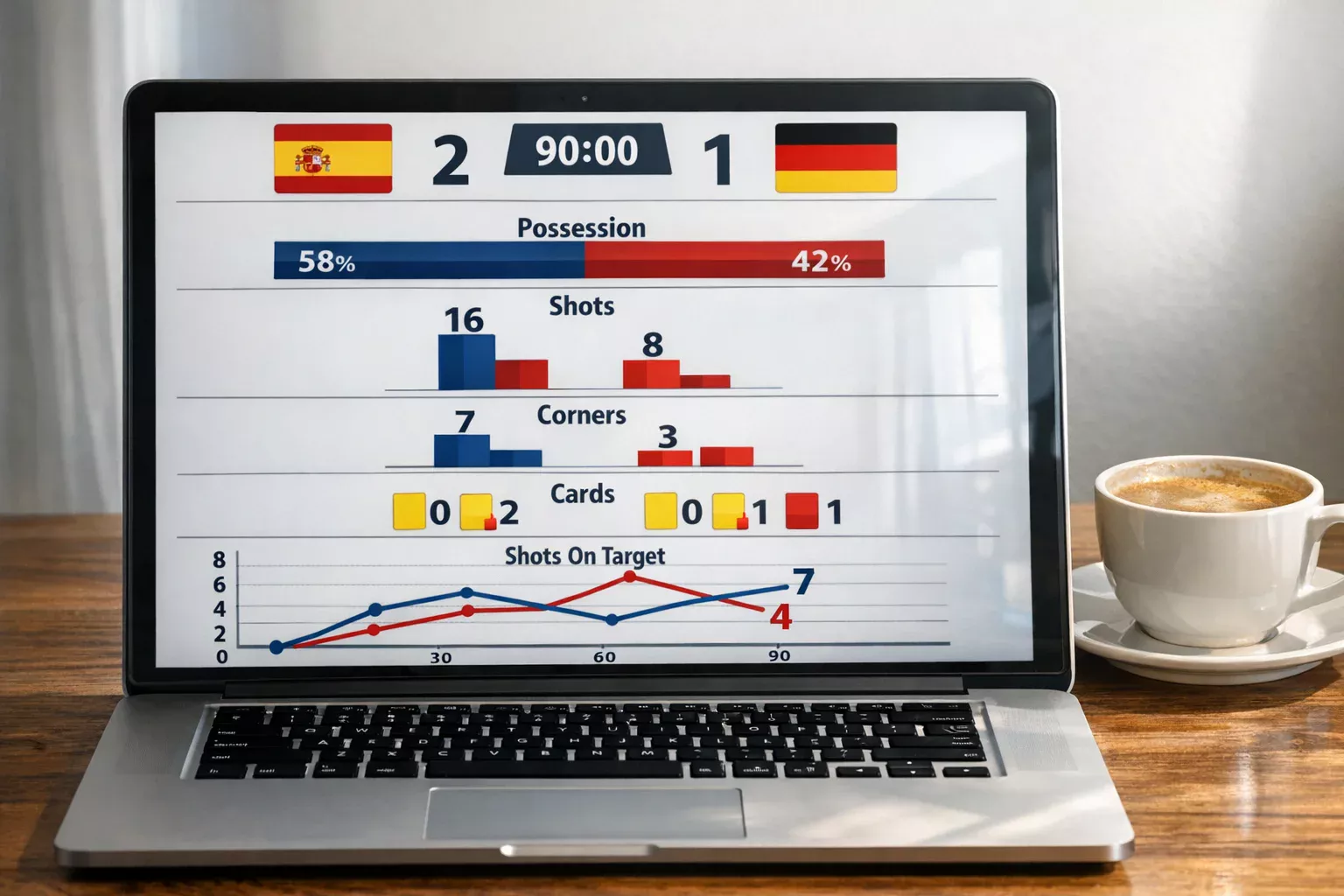 Laptop screen showing football match statistics and performance charts in a professional setting