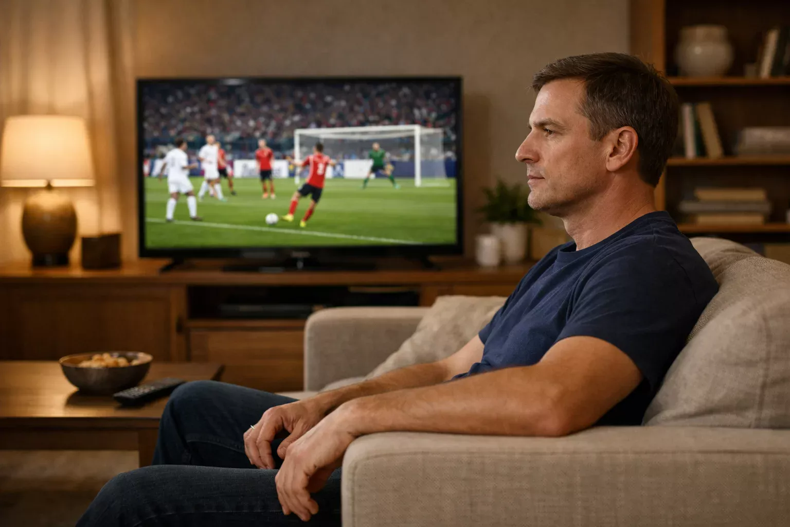 Person sitting calmly watching football on television, composed and focused viewing