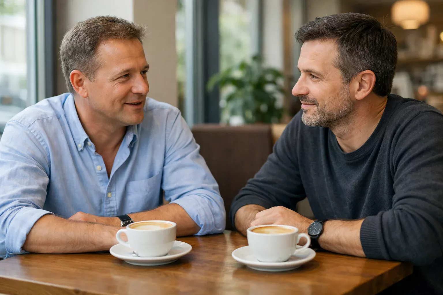 Two people having a supportive conversation over coffee, warm and understanding atmosphere