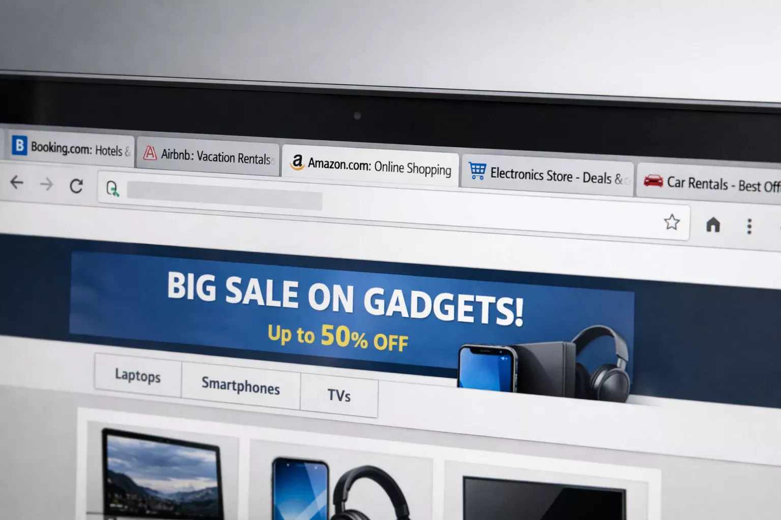 Multiple browser tabs open on a computer screen showing different websites, comparison shopping concept