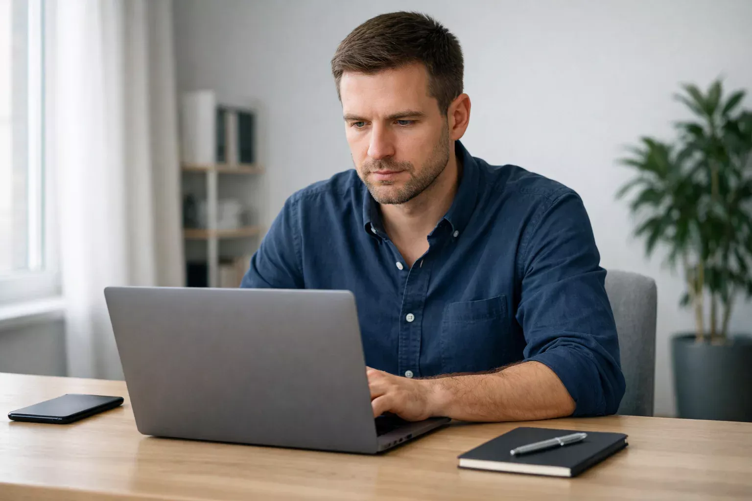 Person using a laptop computer at a desk, focused on the screen in a home office setting