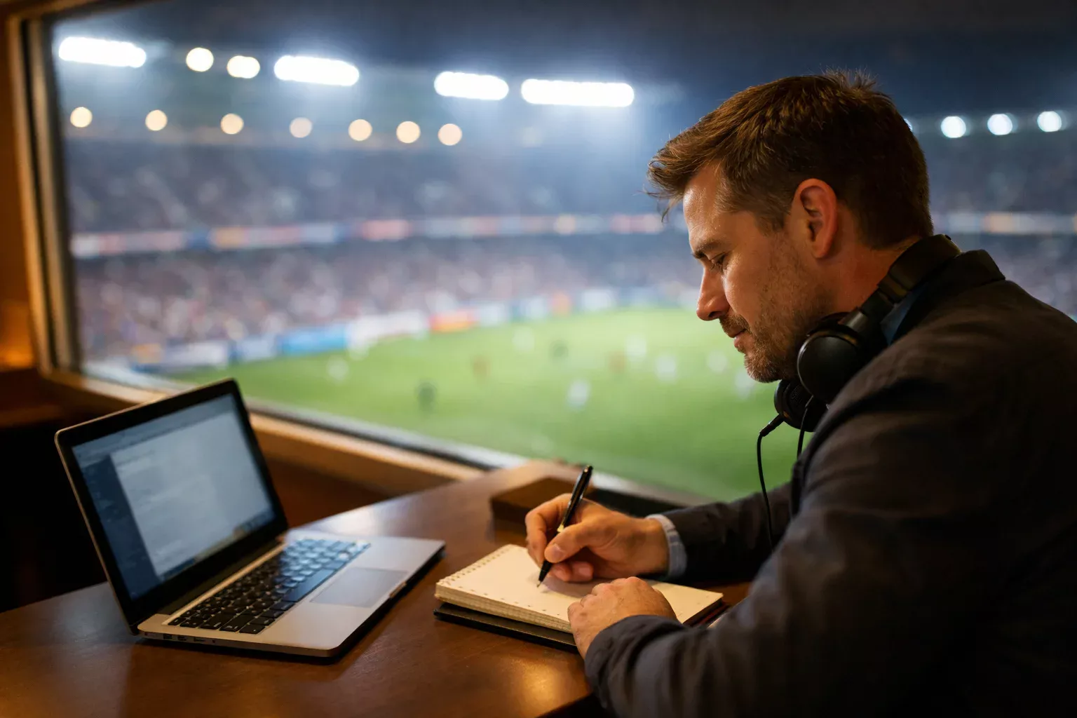 Sports journalist writing notes while watching football match from the press box, stadium pitch visible through window