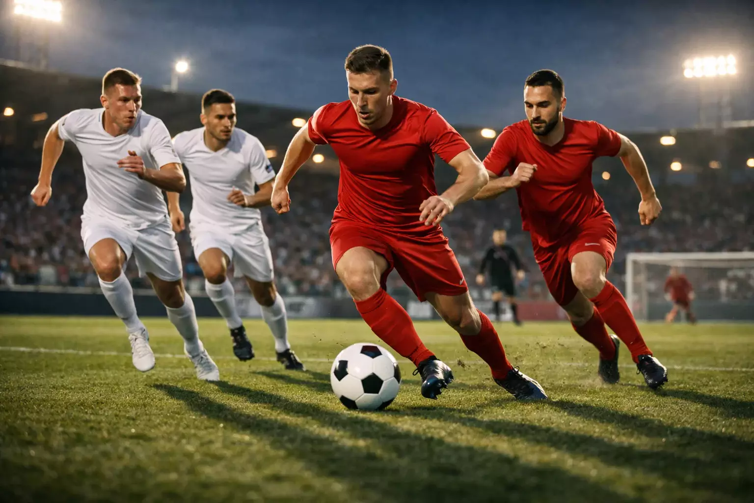 Football attacking play with forwards running toward goal, defenders chasing, action shot during evening match