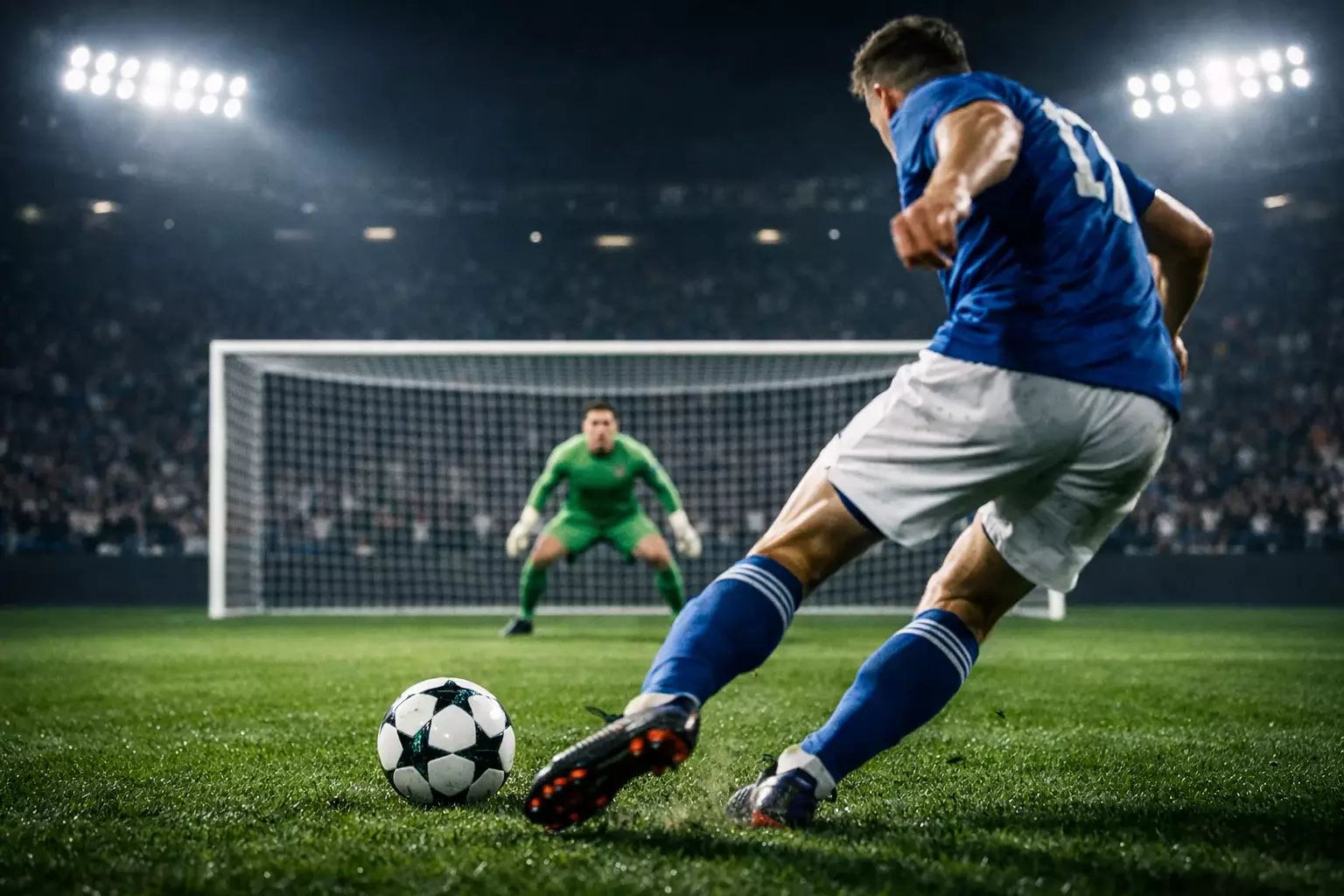 Football flying into the goal net with goalkeeper diving during a Champions League match