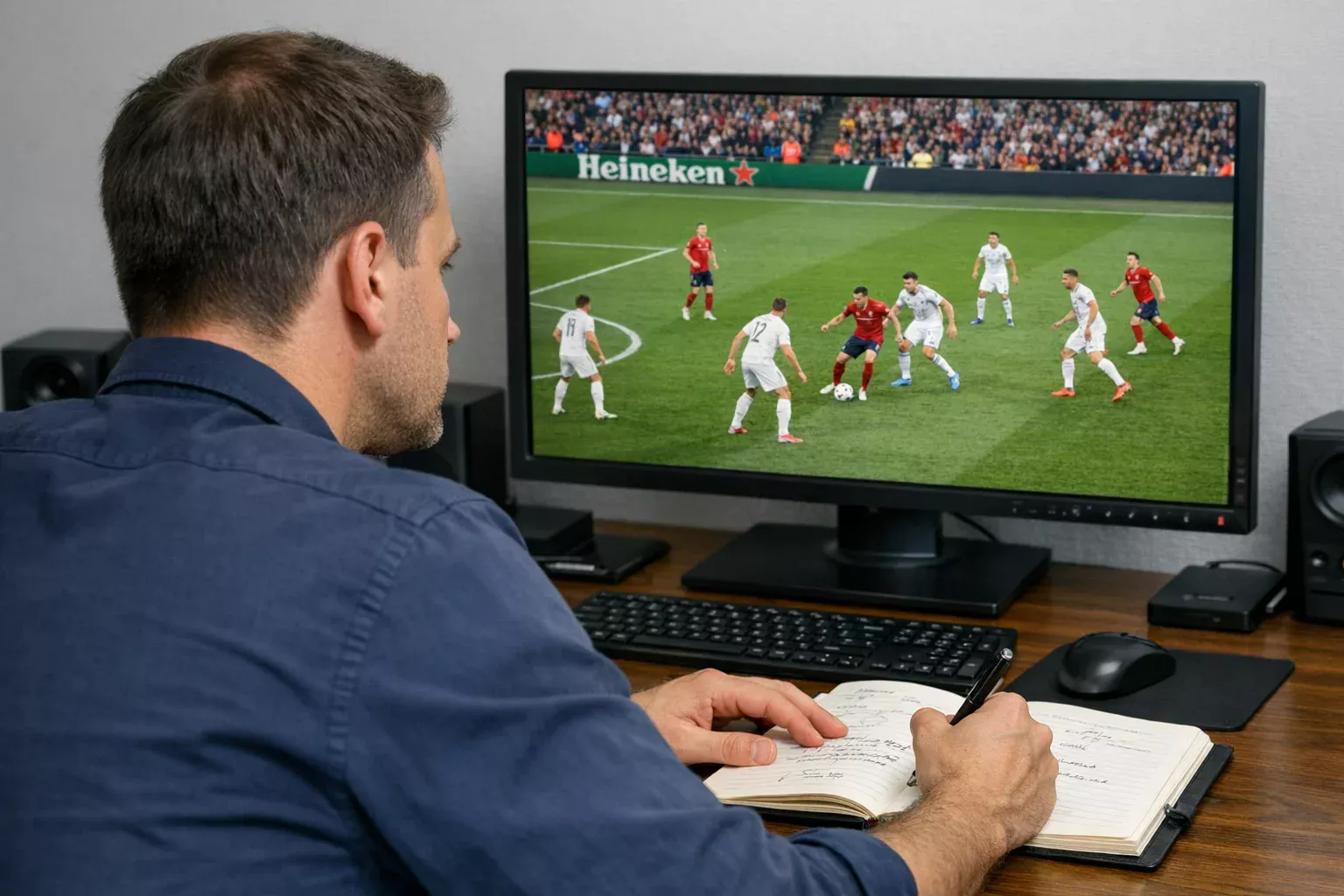 Person reviewing football match footage on a screen while taking notes, analytical work environment