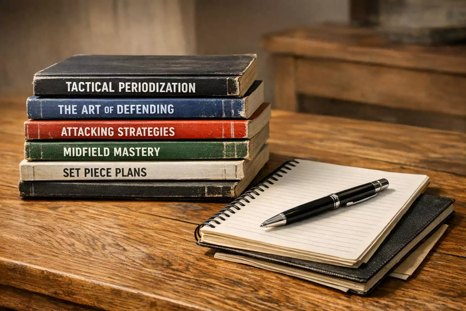 Stack of football tactics books and notebooks on a desk with a pen, representing study and continuous learning
