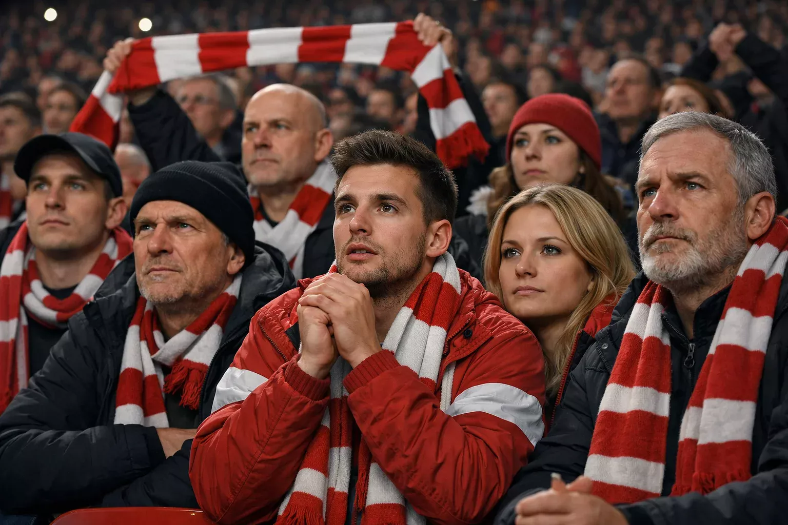 Football fans in stadium seats watching match intently, scarves raised, diverse crowd showing anticipation