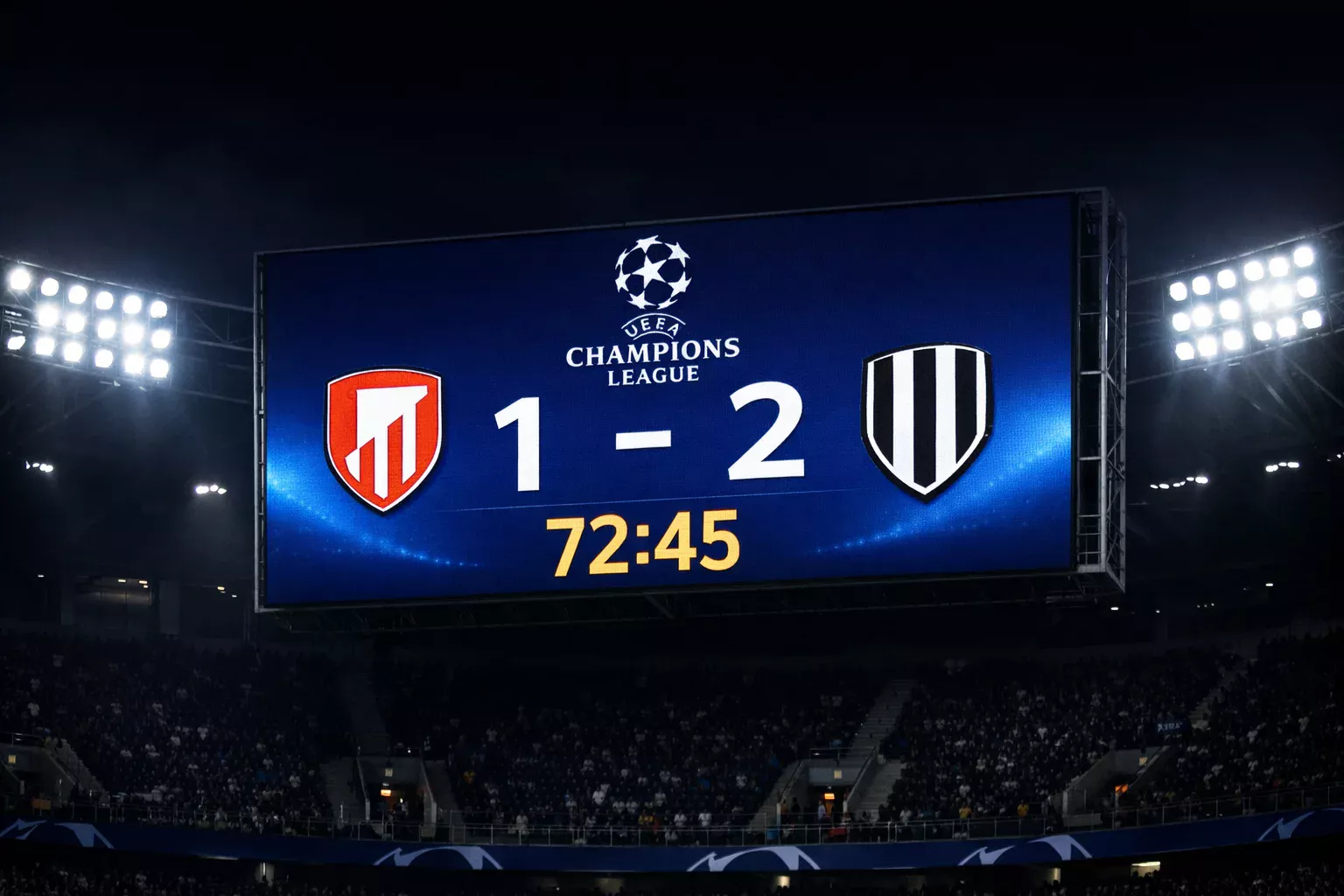 Football scoreboard at a Champions League stadium showing match details under night sky