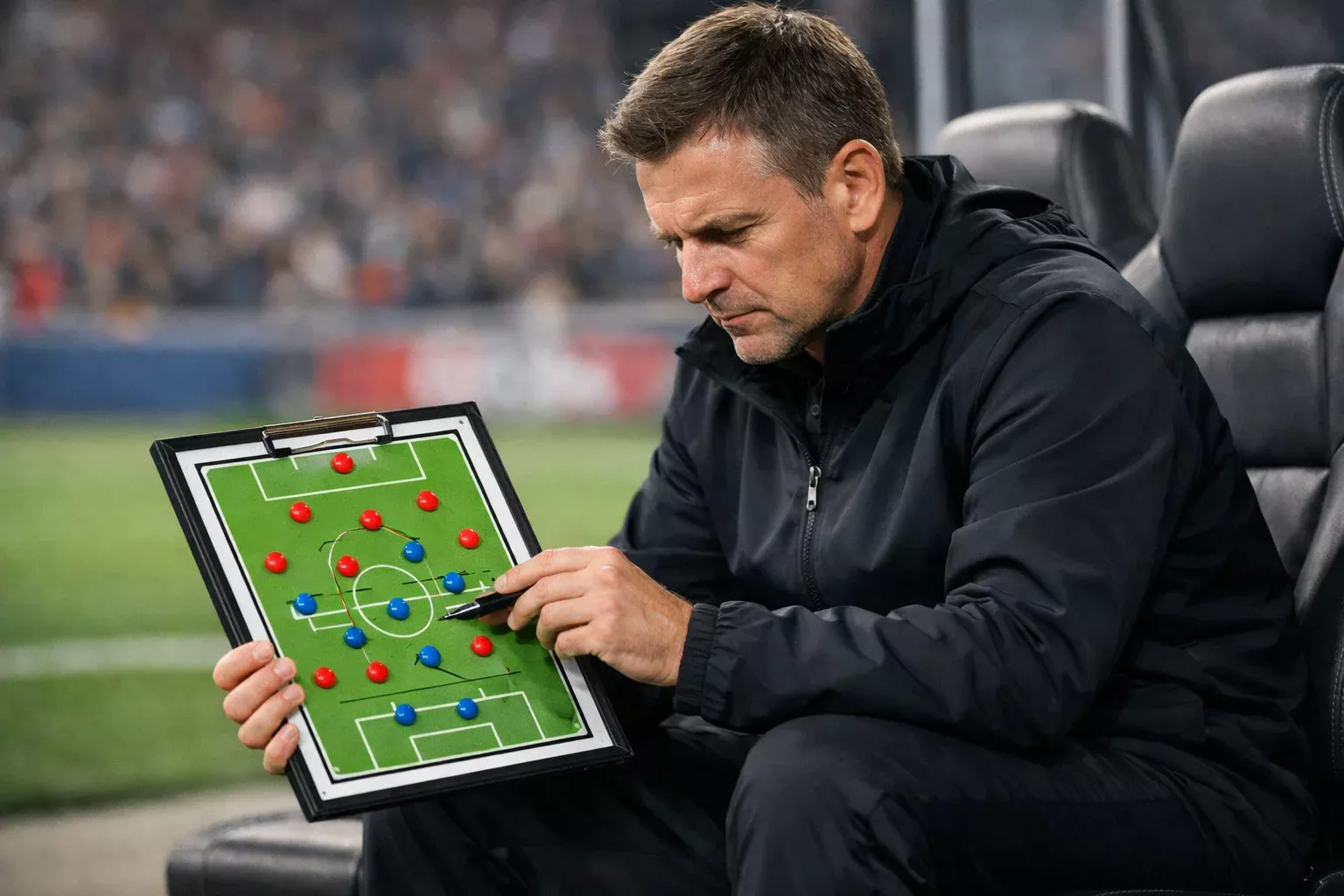 Football manager in the dugout studying a tactical clipboard, focused expression, stadium atmosphere in background