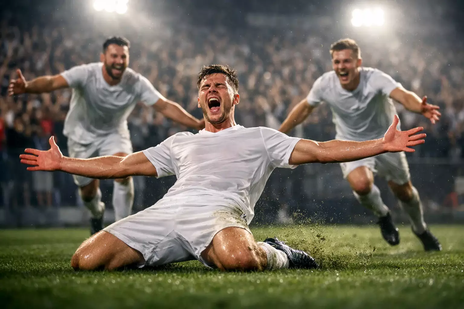 Football player sliding on knees celebrating a goal, teammates rushing to join the celebration, stadium crowd cheering