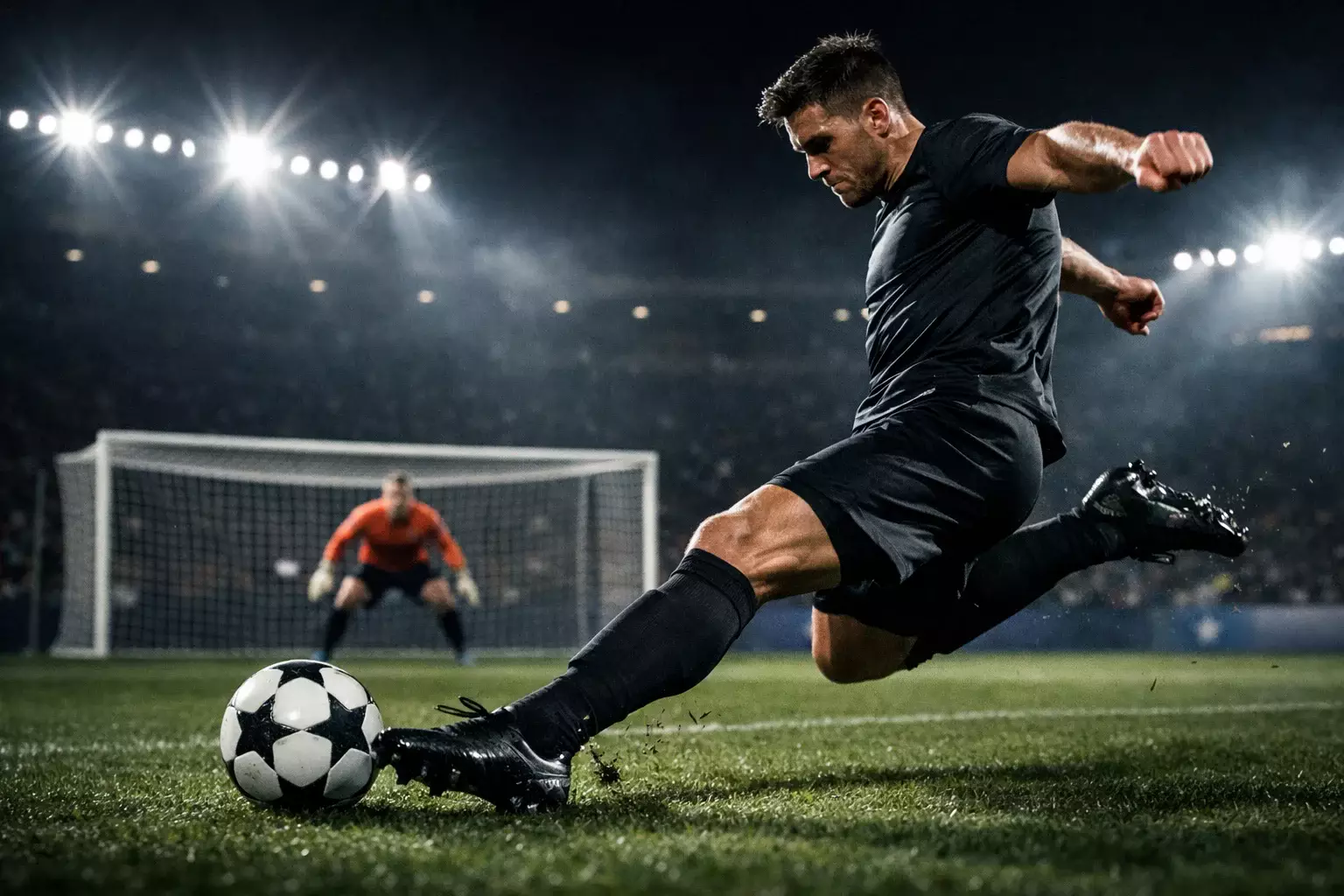Football striker in shooting position about to strike the ball toward goal during Champions League night match