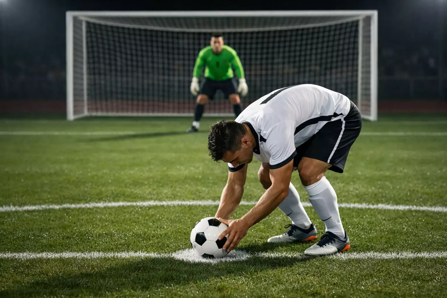 Football player placing the ball on the penalty spot, preparing to take a penalty kick, goalkeeper waiting on the line