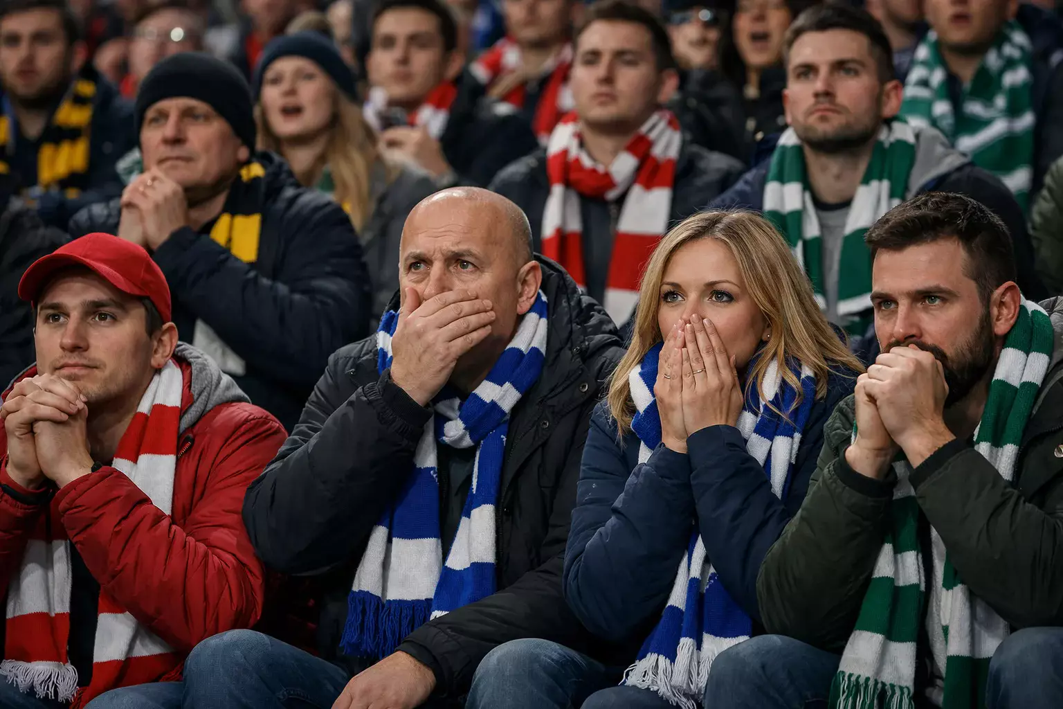 Football supporters in the stadium watching an intense knockout match, showing tension and anticipation