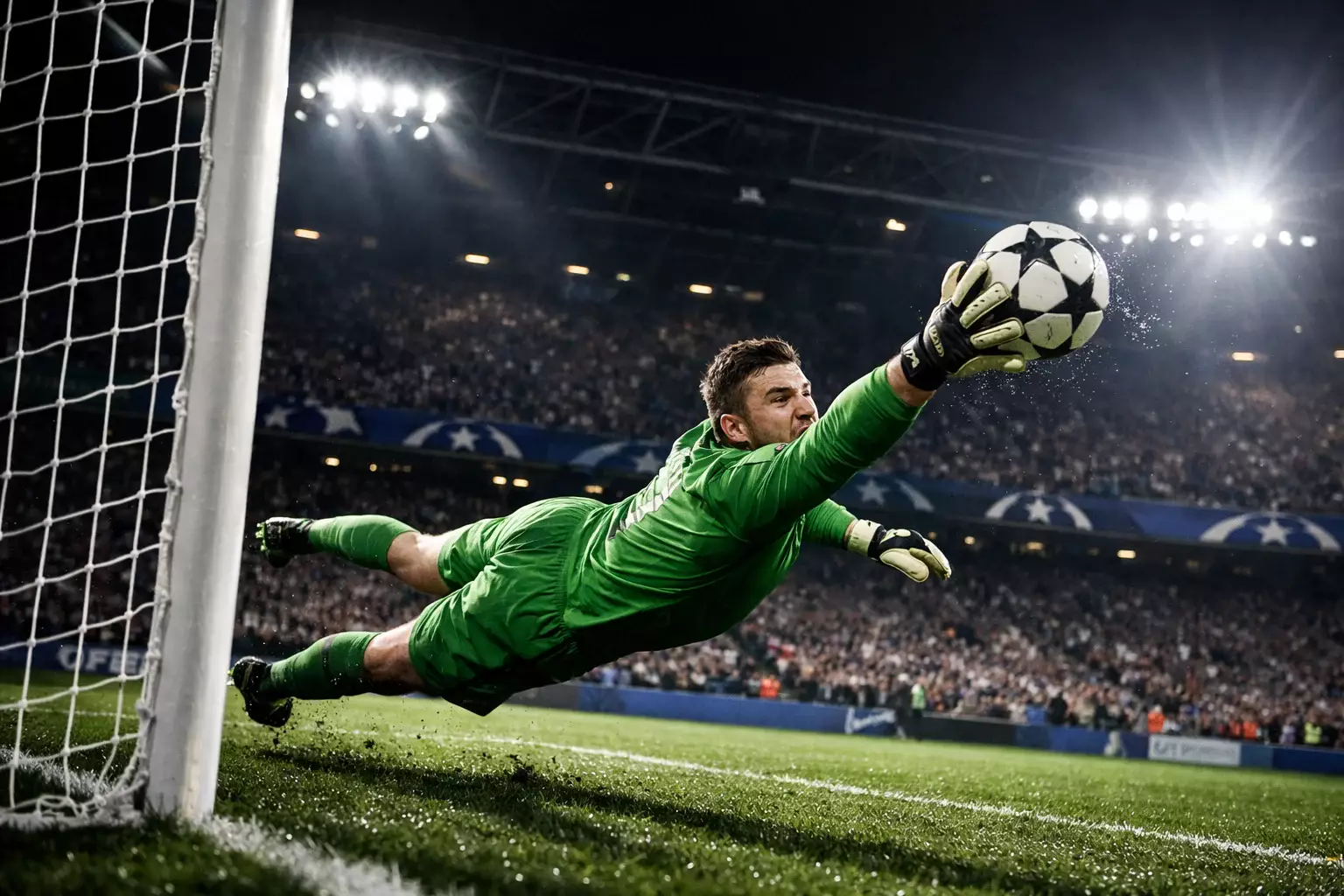 Goalkeeper making a crucial save during a tense Champions League knockout match under floodlights