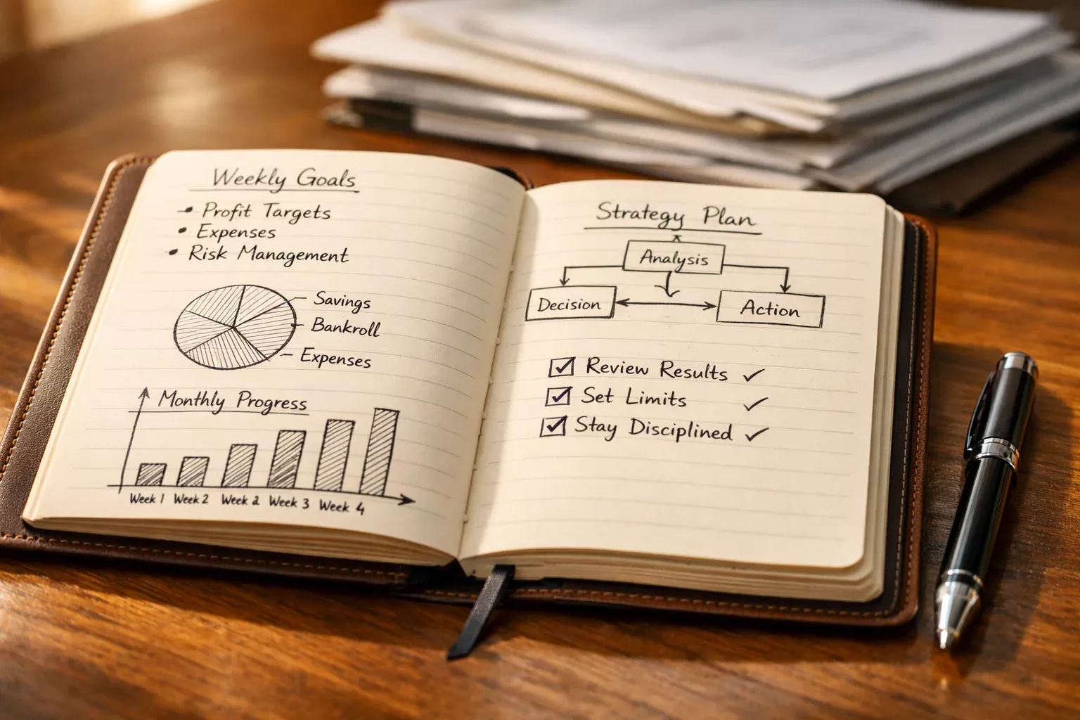 Notebook with handwritten notes and a pen on a wooden desk, organized planning documents visible