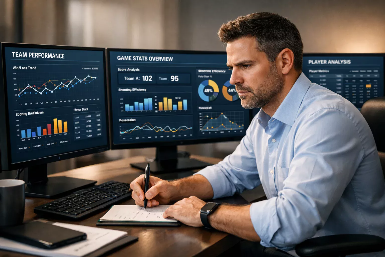 Professional sports analyst working with data and charts at a desk with multiple monitors