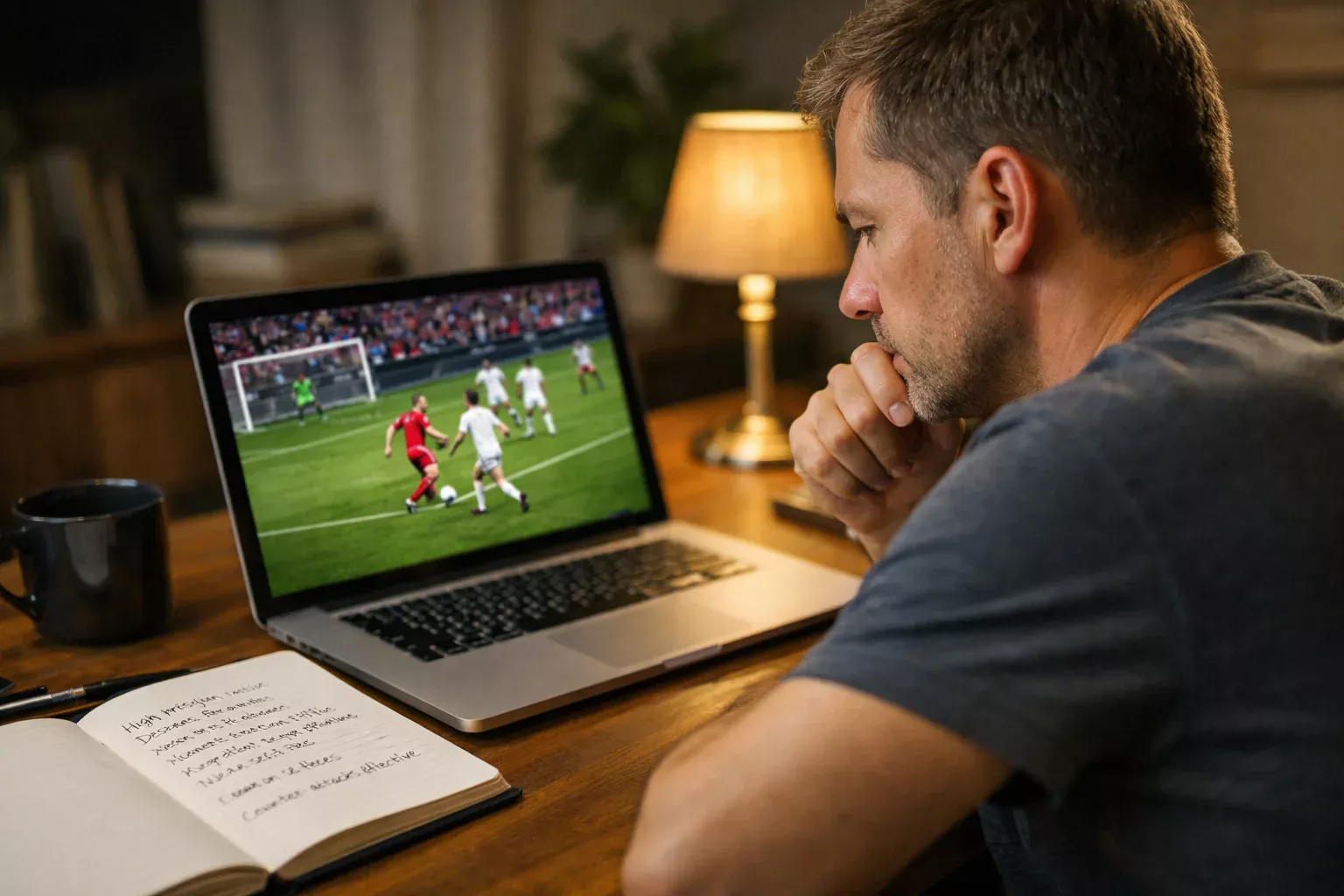 Person reviewing football match footage on a laptop screen, taking notes, focused analytical work