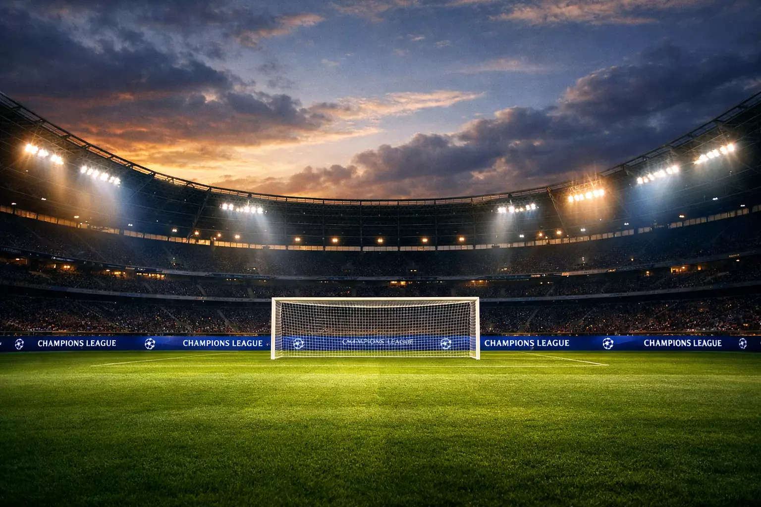 Football stadium at dusk with floodlights beginning to illuminate the pitch before a Champions League match
