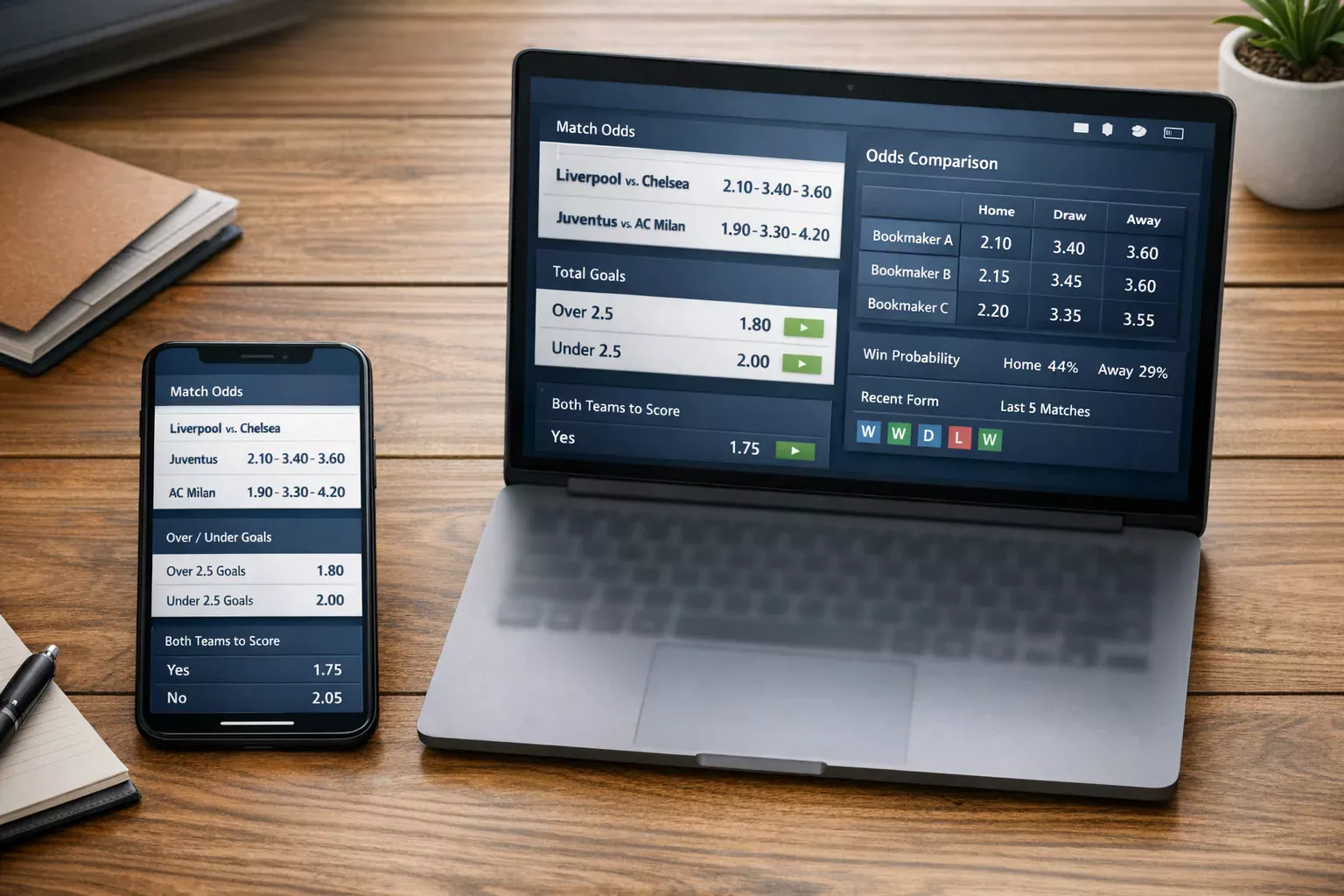 Modern smartphone and laptop displaying sports data side by side on a desk